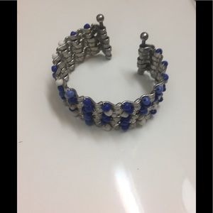 Sliver and blue and white bead cuff bracelet